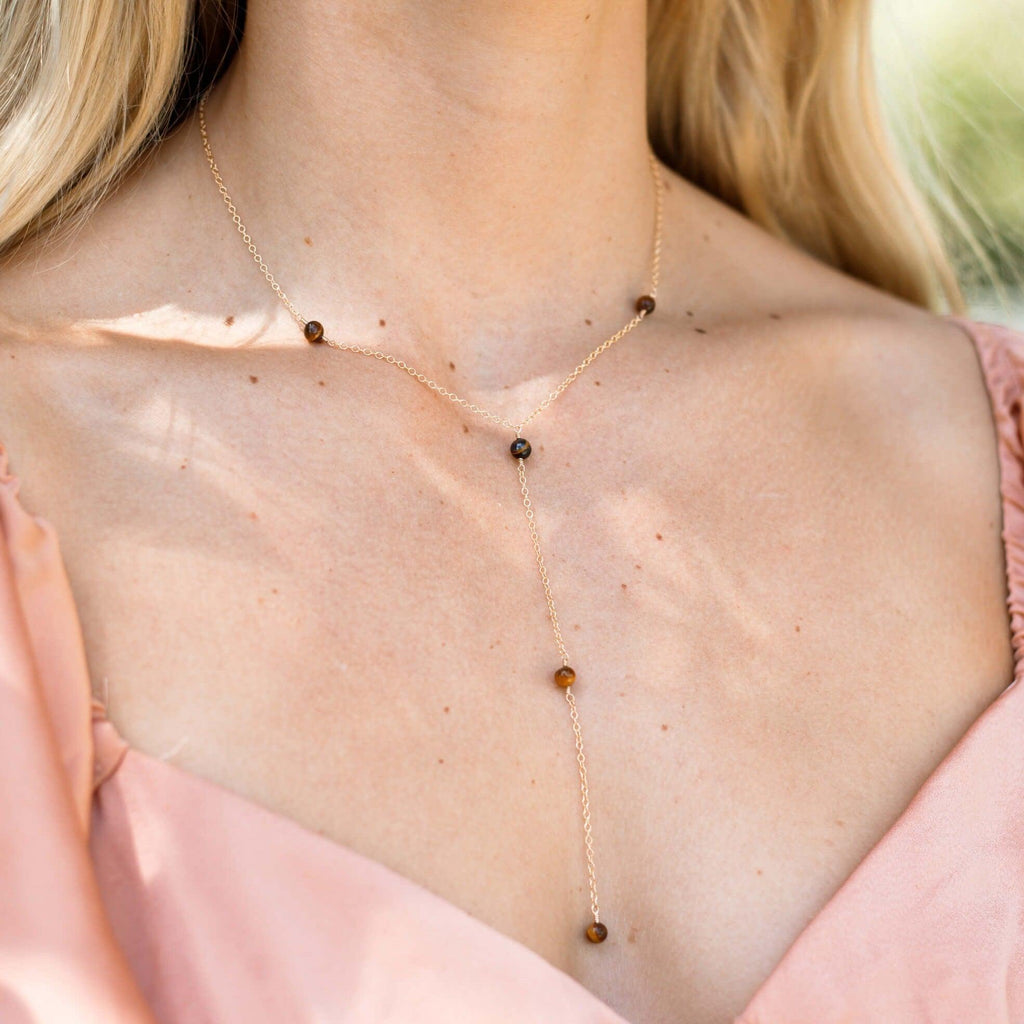 Dainty Tiger's Eye Gemstone Lariat Necklace - Dainty Tiger's Eye Gemstone Lariat Necklace - 14k Gold Fill - Luna Tide Handmade Crystal Jewellery