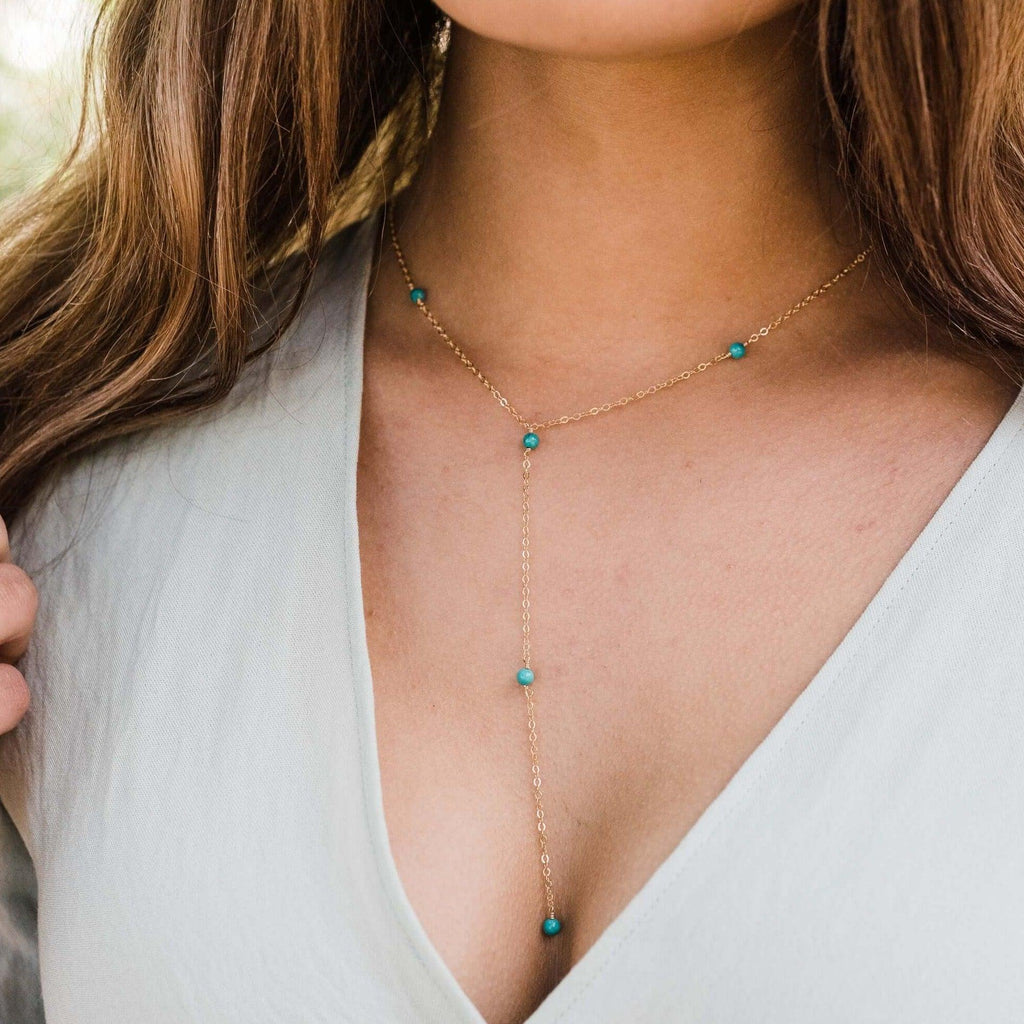 Dainty Turquoise Lariat Necklace - Dainty Turquoise Lariat Necklace - Sterling Silver - Luna Tide Handmade Crystal Jewellery