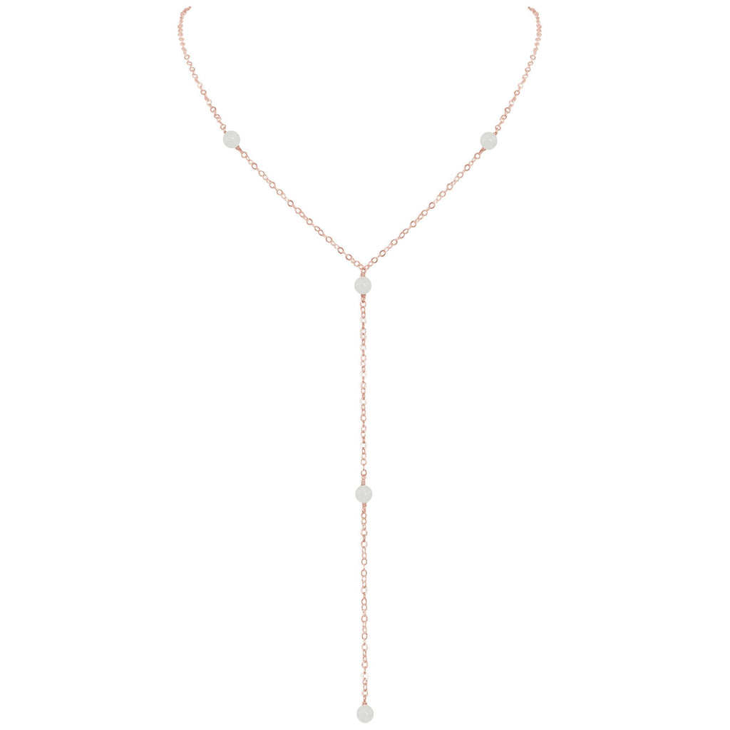 Dainty White Moonstone Gemstone Lariat Necklace - Dainty White Moonstone Gemstone Lariat Necklace - 14k Rose Gold Fill - Luna Tide Handmade Crystal Jewellery