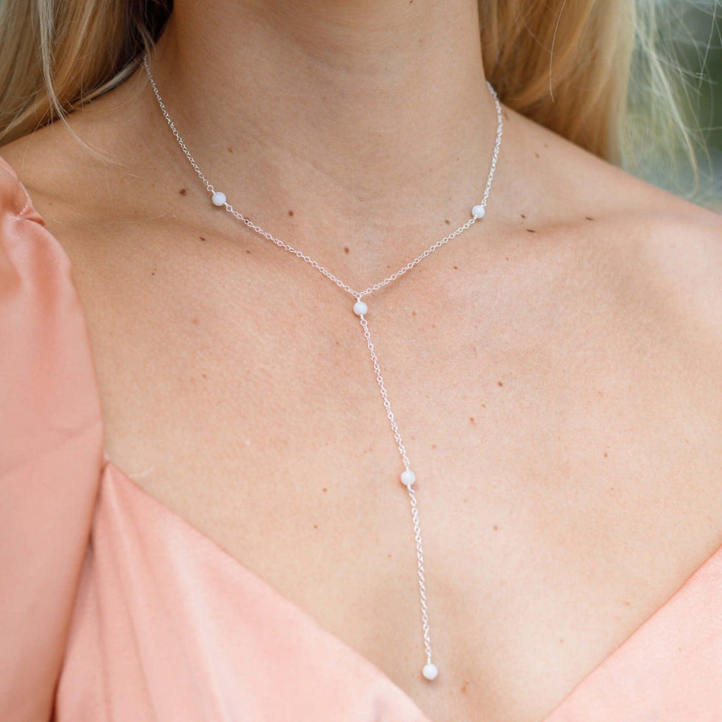 Dainty White Moonstone Gemstone Lariat Necklace - Dainty White Moonstone Gemstone Lariat Necklace - Sterling Silver - Luna Tide Handmade Crystal Jewellery