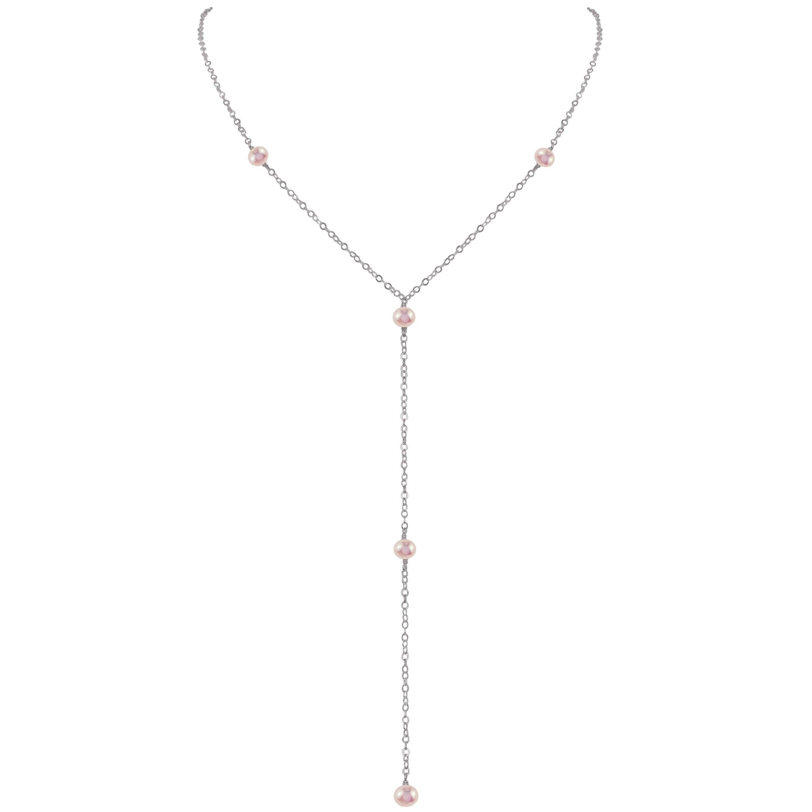 Dainty White Pearl Lariat Necklace - Dainty White Pearl Lariat Necklace - Stainless Steel - Luna Tide Handmade Crystal Jewellery