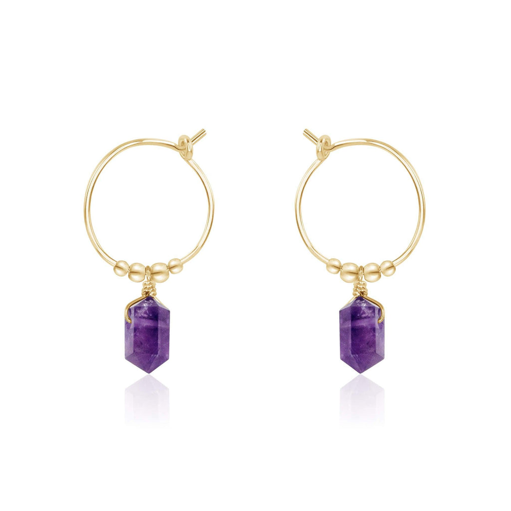 Double Terminated Amethyst Mini Crystal Point Dangle Hoop Earrings - Double Terminated Amethyst Mini Crystal Point Dangle Hoop Earrings - 14k Gold Fill - Luna Tide Handmade Crystal Jewellery