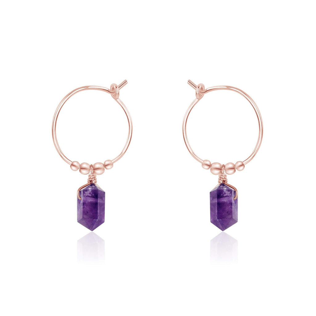 Double Terminated Amethyst Mini Crystal Point Dangle Hoop Earrings - Double Terminated Amethyst Mini Crystal Point Dangle Hoop Earrings - 14k Rose Gold Fill - Luna Tide Handmade Crystal Jewellery