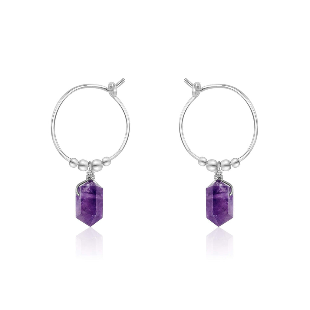 Double Terminated Amethyst Mini Crystal Point Dangle Hoop Earrings - Double Terminated Amethyst Mini Crystal Point Dangle Hoop Earrings - Sterling Silver - Luna Tide Handmade Crystal Jewellery