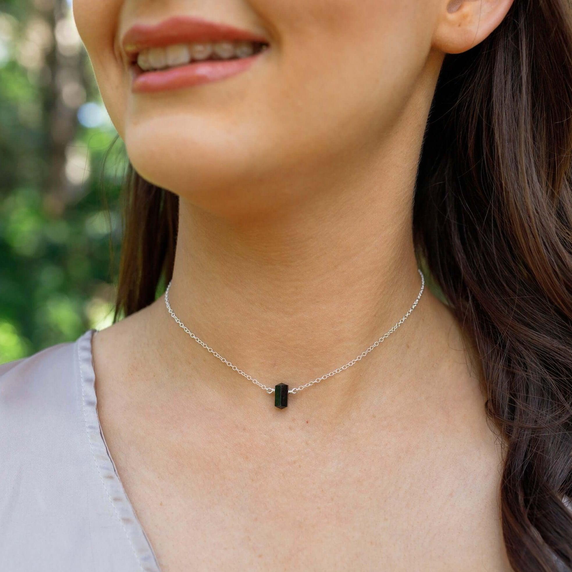 Double Terminated Black Tourmaline Mini Crystal Point Choker Necklace - Double Terminated Black Tourmaline Mini Crystal Point Choker Necklace - Sterling Silver - Luna Tide Handmade Crystal Jewellery