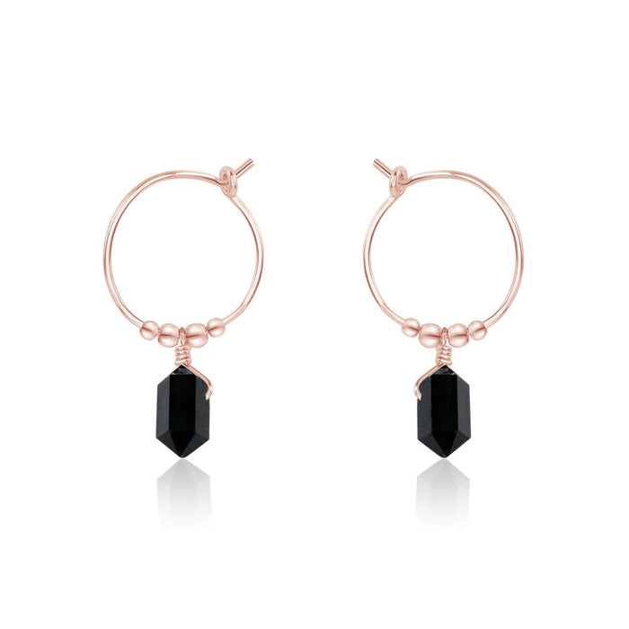 Double Terminated Black Tourmaline Mini Crystal Point Dangle Hoop Earrings - Double Terminated Black Tourmaline Mini Crystal Point Dangle Hoop Earrings - 14k Rose Gold Fill - Luna Tide Handmade Crystal Jewellery