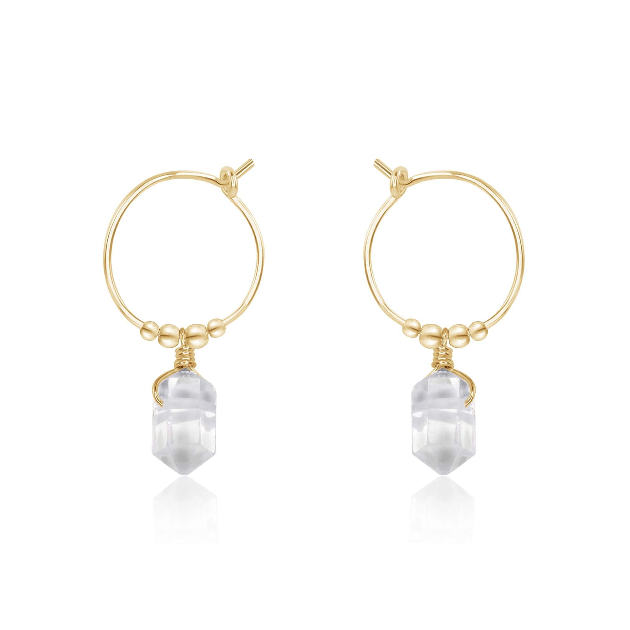 Double Terminated Crystal Quartz Mini Crystal Point Dangle Hoop Earrings - Double Terminated Crystal Quartz Mini Crystal Point Dangle Hoop Earrings - 14k Gold Fill - Luna Tide Handmade Crystal Jewellery