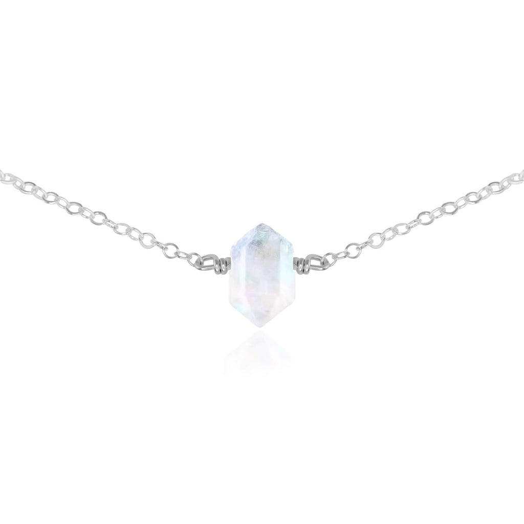 Double Terminated Rainbow Moonstone Mini Crystal Point Choker Necklace - Double Terminated Rainbow Moonstone Mini Crystal Point Choker Necklace - Sterling Silver - Luna Tide Handmade Crystal Jewellery