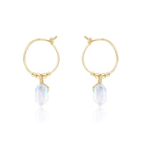 Tiny Double Terminated Crystal Hoop Dangle Earrings - Rainbow Moonstone - 14K Gold Fill - Luna Tide Handmade Jewellery