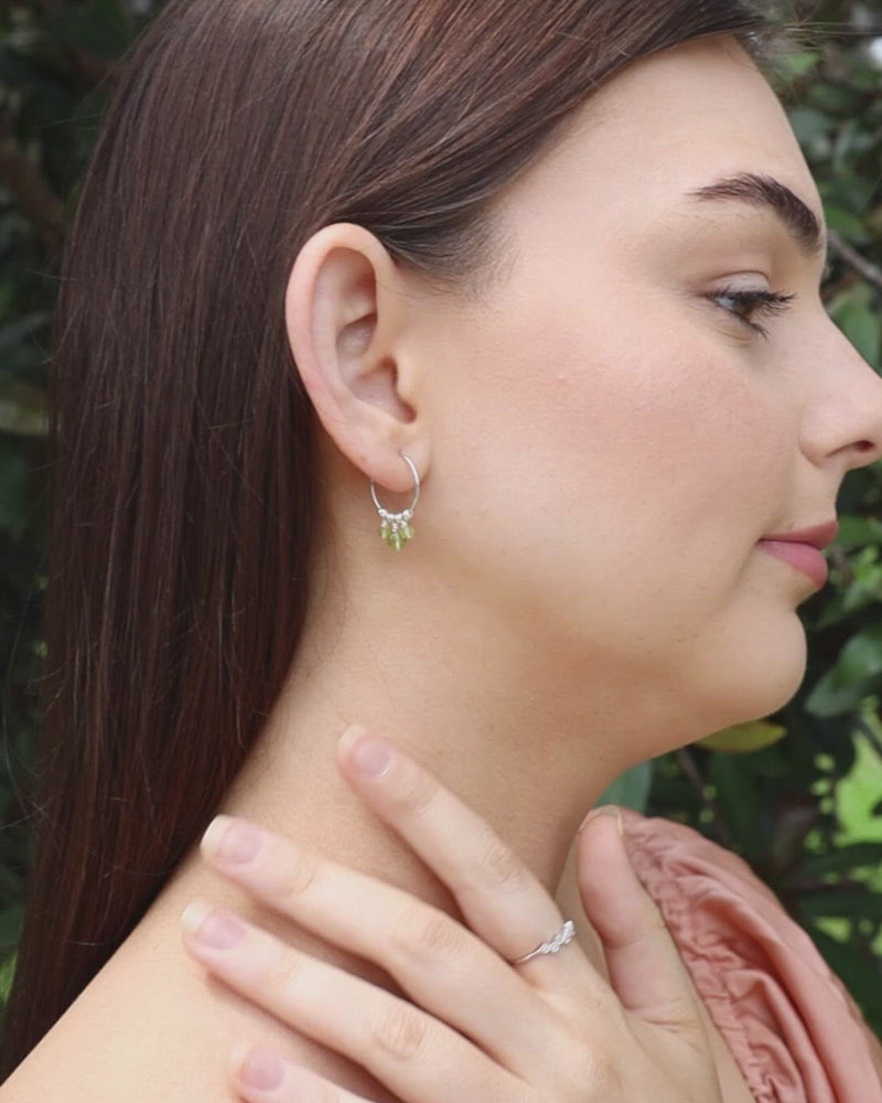 Green Peridot Gemstone Bead Drop Hoop Earrings