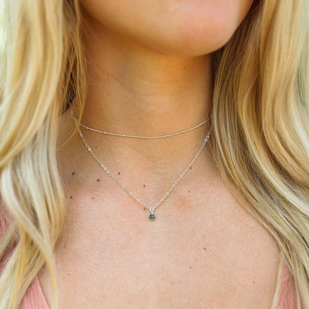 Emerald Gemstone Chain Layered Choker Necklace - Emerald Gemstone Chain Layered Choker Necklace - Sterling Silver - Luna Tide Handmade Crystal Jewellery