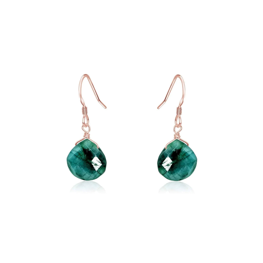 Emerald Gemstone Teardrop Dangle Earrings - Emerald Gemstone Teardrop Dangle Earrings - 14k Rose Gold Fill - Luna Tide Handmade Crystal Jewellery