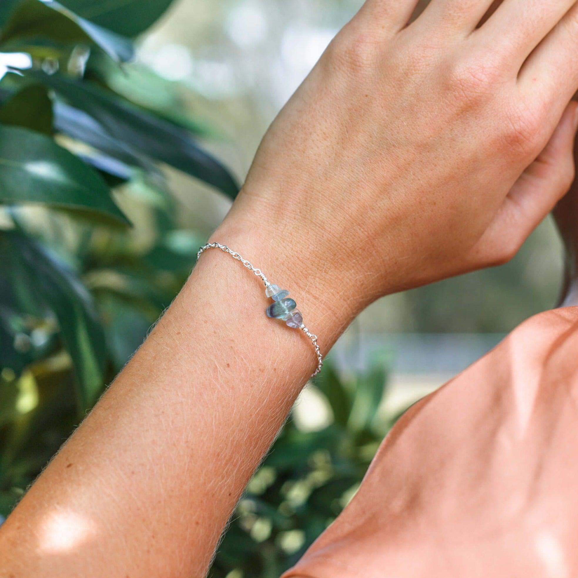 Fluorite Chip Bead Bar Bracelet - Fluorite Chip Bead Bar Bracelet - Sterling Silver - Luna Tide Handmade Crystal Jewellery