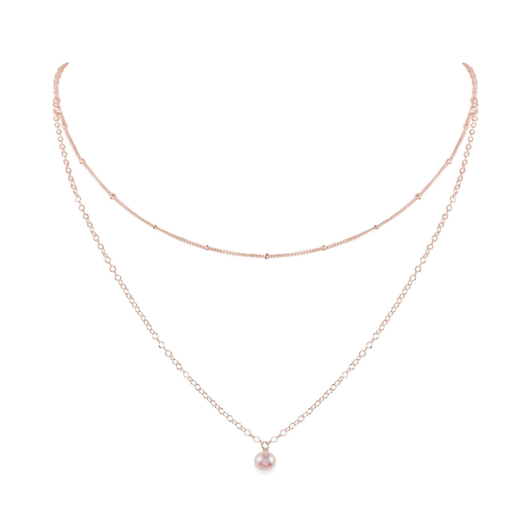 Freshwater Pearl Gemstone Chain Layered Choker Necklace - Freshwater Pearl Gemstone Chain Layered Choker Necklace - 14k Rose Gold Fill - Luna Tide Handmade Crystal Jewellery
