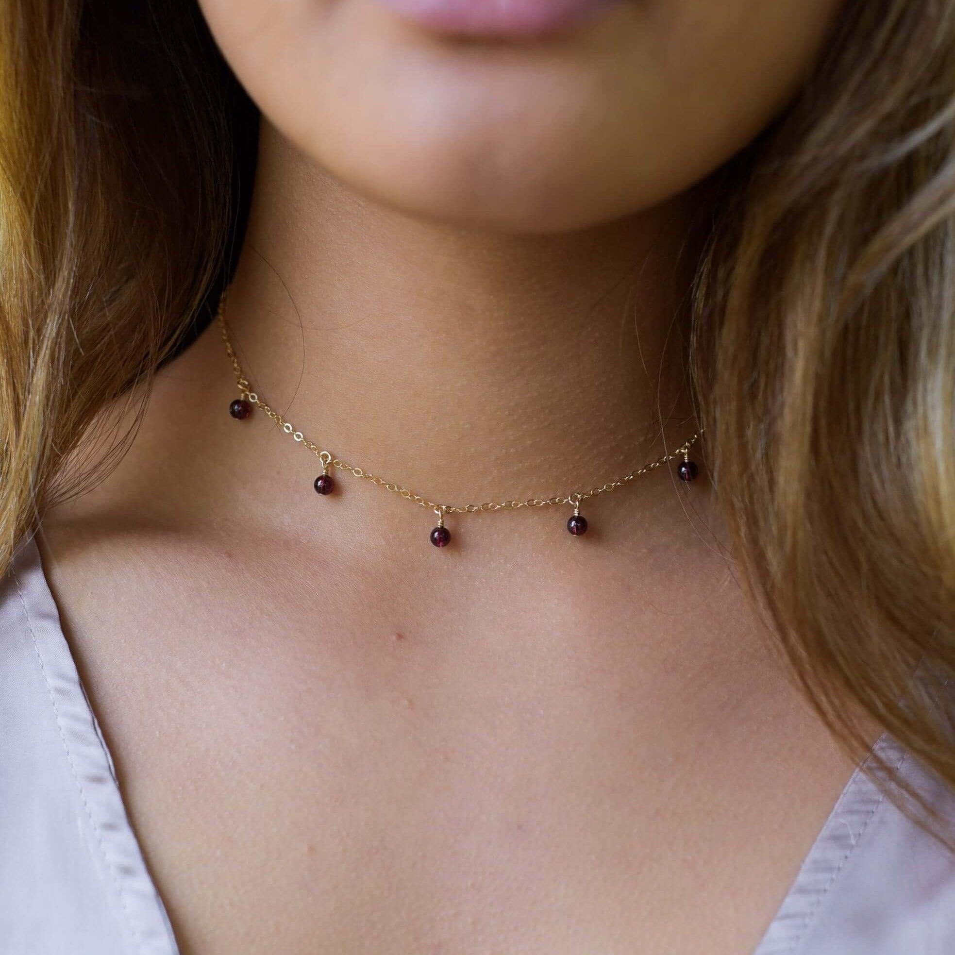 Garnet Bead Drop Choker - Garnet Bead Drop Choker - Sterling Silver - Luna Tide Handmade Crystal Jewellery