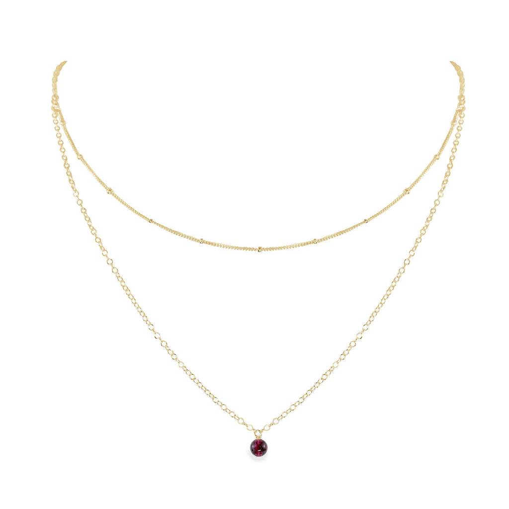 Garnet Gemstone Chain Layered Choker Necklace - Garnet Gemstone Chain Layered Choker Necklace - 14k Gold Fill - Luna Tide Handmade Crystal Jewellery