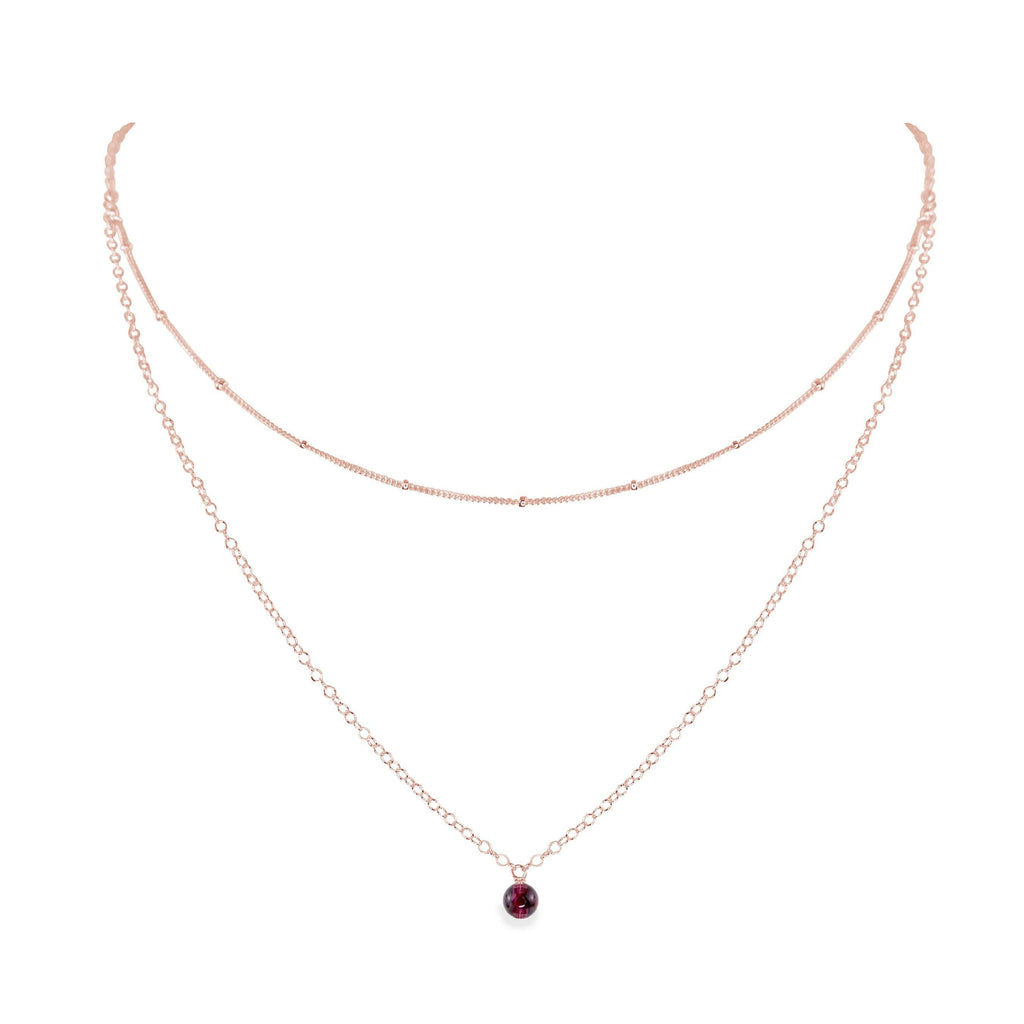 Garnet Gemstone Chain Layered Choker Necklace - Garnet Gemstone Chain Layered Choker Necklace - 14k Rose Gold Fill - Luna Tide Handmade Crystal Jewellery