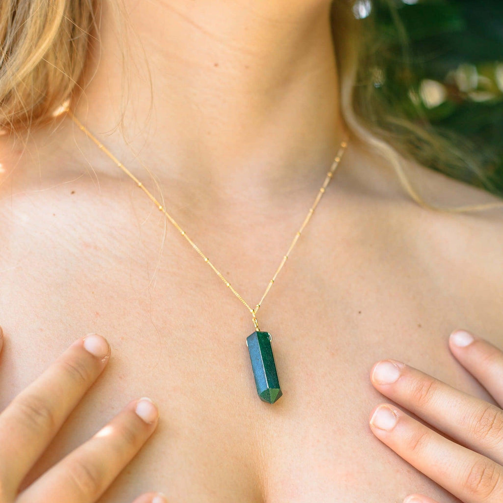 Green Aventurine Crystal Generator Point Pendant Necklace - Green Aventurine Crystal Generator Point Pendant Necklace - Sterling Silver / Cable - Luna Tide Handmade Crystal Jewellery