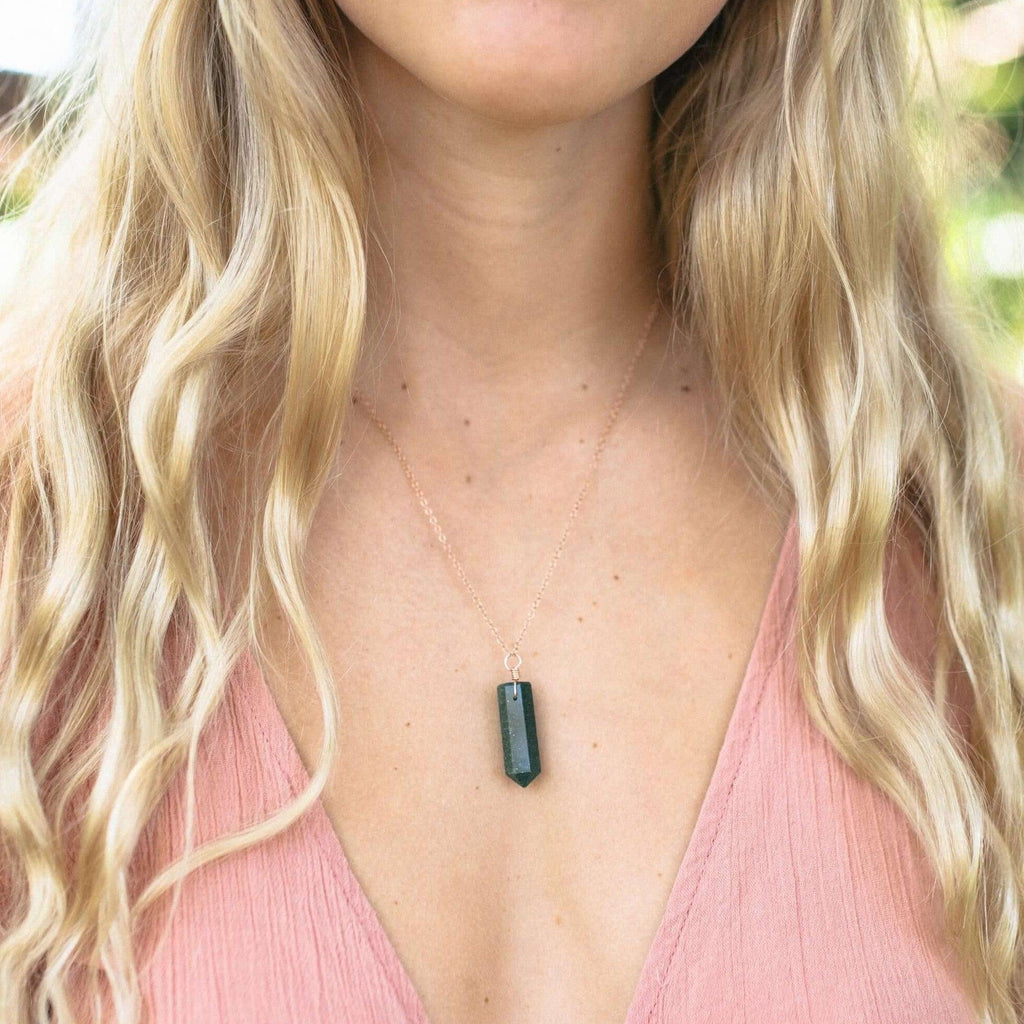 Green Aventurine Gemstone Generator Tower Point Pendant Necklace - Green Aventurine Gemstone Generator Tower Point Pendant Necklace - 14k Gold Fill / Satellite - Luna Tide Handmade Crystal Jewellery