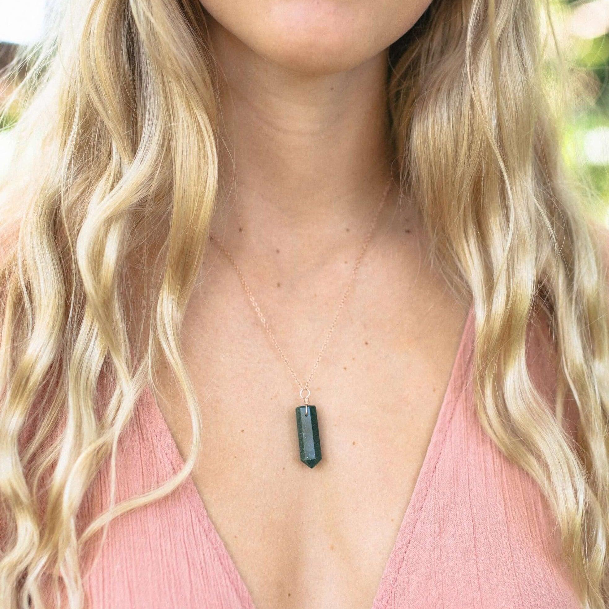 Green Aventurine Gemstone Generator Tower Point Pendant Necklace - Green Aventurine Gemstone Generator Tower Point Pendant Necklace - 14k Gold Fill / Satellite - Luna Tide Handmade Crystal Jewellery