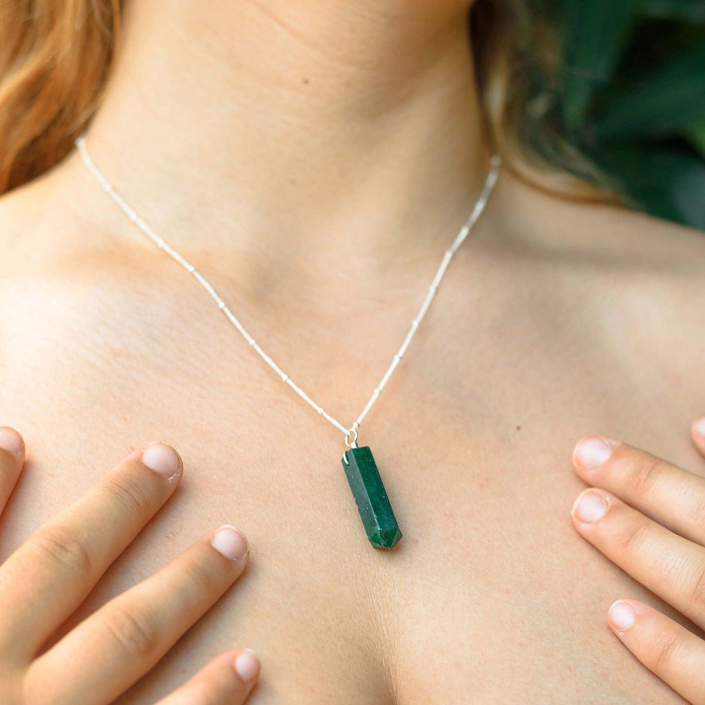 Green Aventurine Gemstone Generator Tower Point Pendant Necklace - Green Aventurine Gemstone Generator Tower Point Pendant Necklace - 14k Gold Fill / Satellite - Luna Tide Handmade Crystal Jewellery