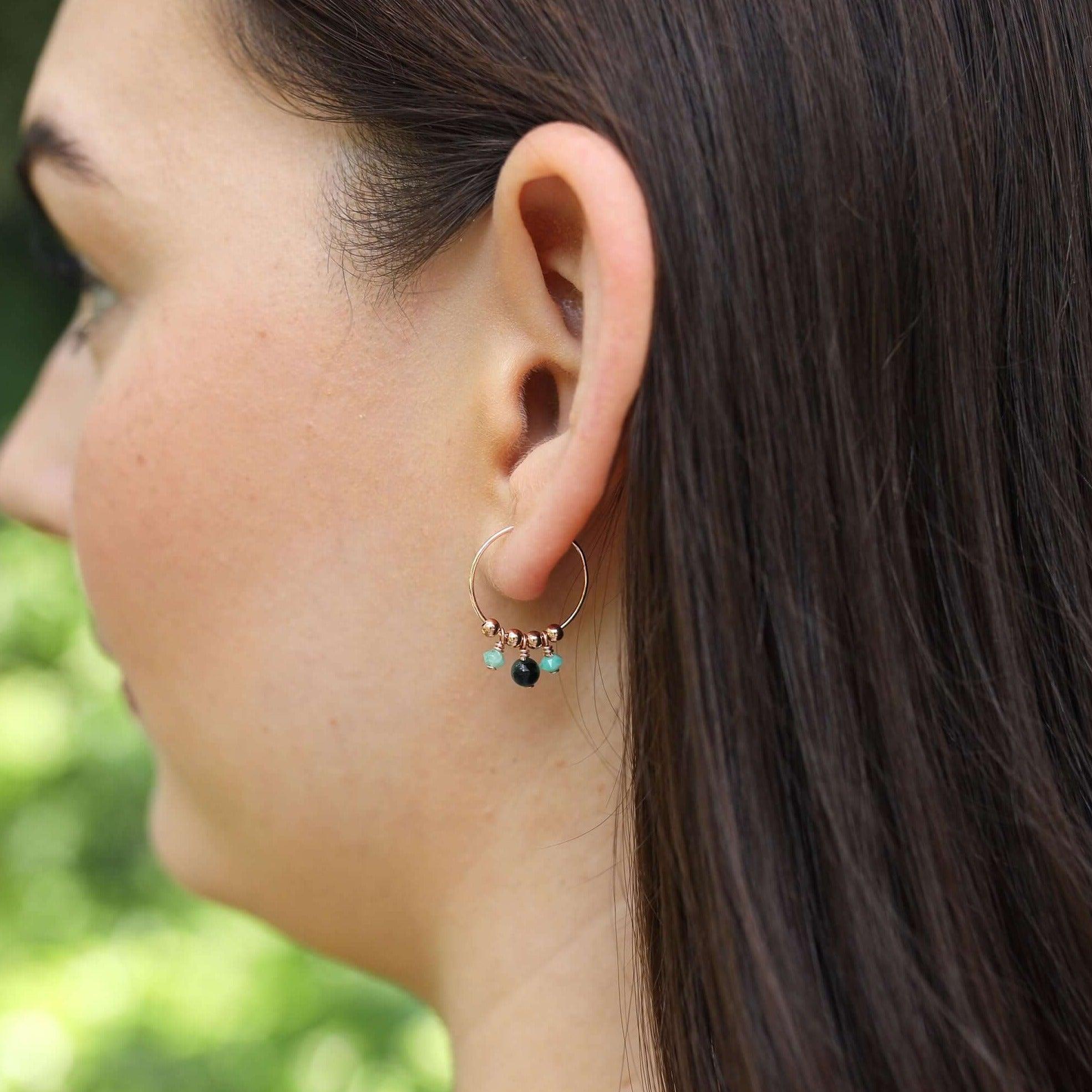 Green Emerald Gemstone Bead Drop Hoop Earrings - Green Emerald Gemstone Bead Drop Hoop Earrings - 14k Gold Fill - Luna Tide Handmade Crystal Jewellery