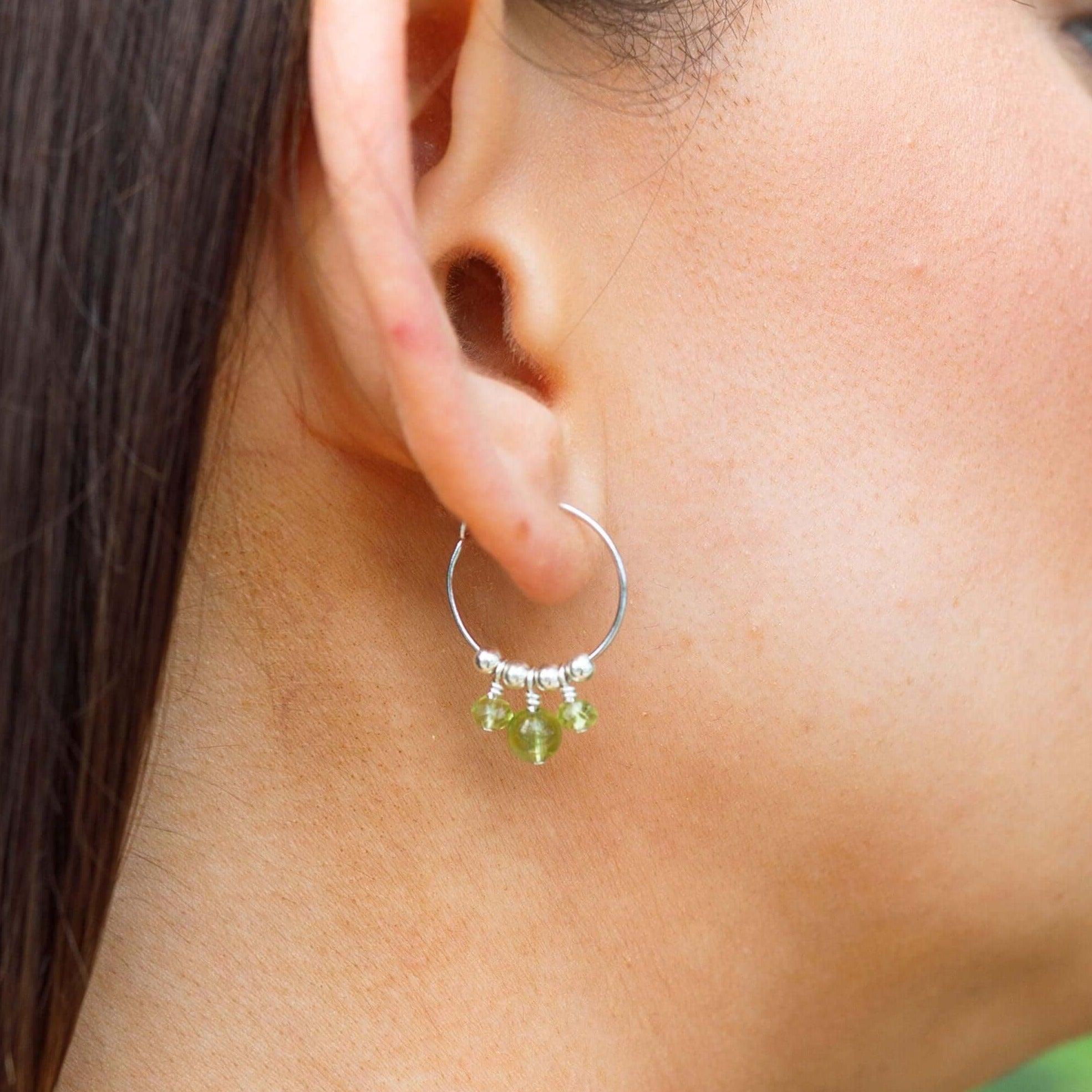Green Peridot Gemstone Bead Drop Hoop Earrings - Green Peridot Gemstone Bead Drop Hoop Earrings - Sterling Silver - Luna Tide Handmade Crystal Jewellery