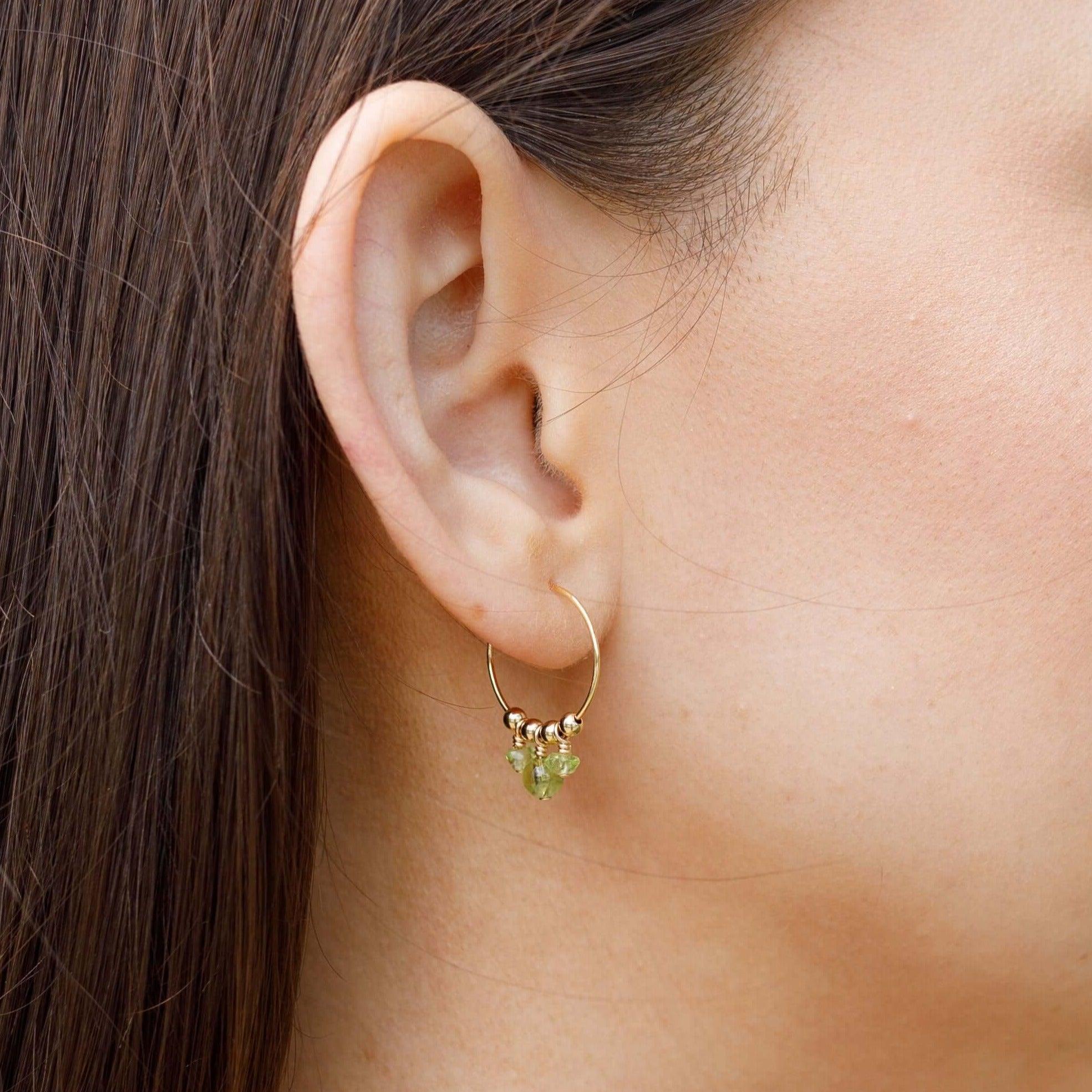 Green Peridot Gemstone Bead Drop Hoop Earrings - Green Peridot Gemstone Bead Drop Hoop Earrings - Sterling Silver - Luna Tide Handmade Crystal Jewellery