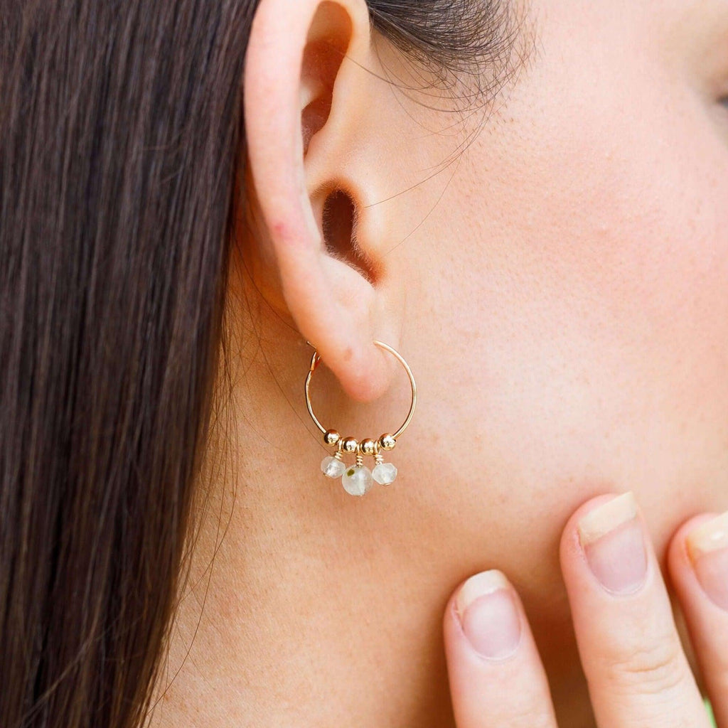 Green Prehnite Gemstone Bead Drop Hoop Earrings - Green Prehnite Gemstone Bead Drop Hoop Earrings - 14k Gold Fill - Luna Tide Handmade Crystal Jewellery