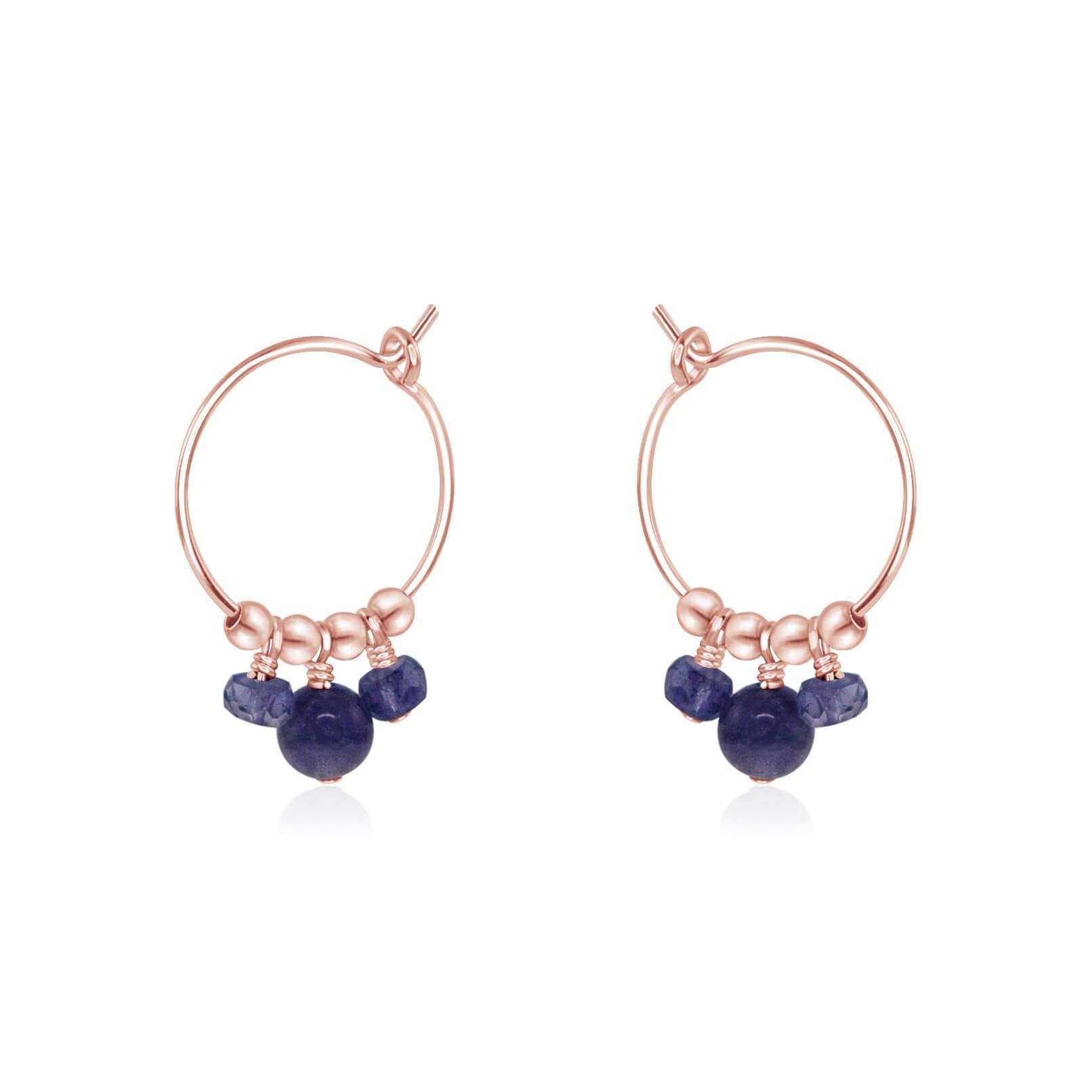 Grey Iolite Gemstone Bead Drop Hoop Earrings - Grey Iolite Gemstone Bead Drop Hoop Earrings - 14k Rose Gold Fill - Luna Tide Handmade Crystal Jewellery