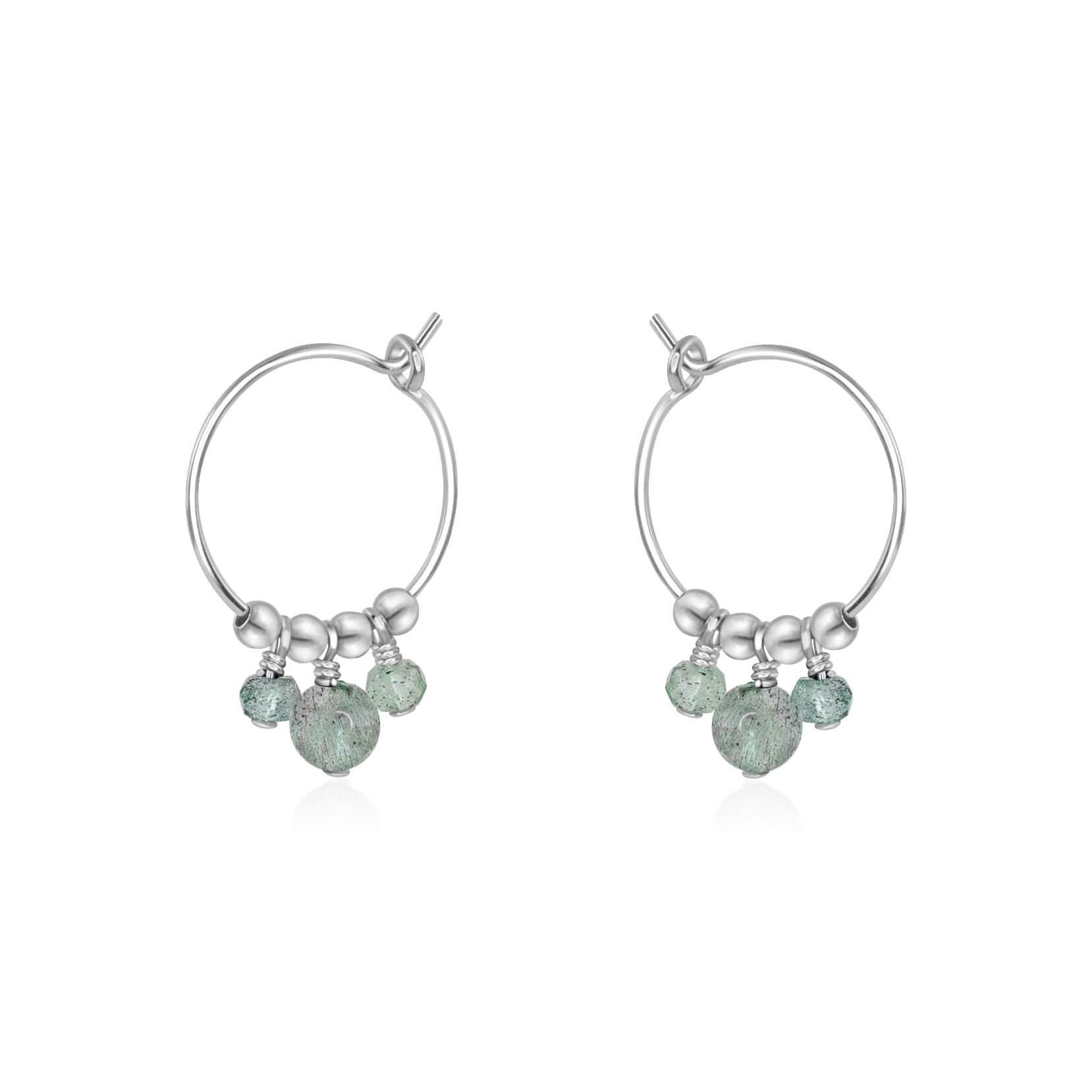 Grey Labradorite Gemstone Bead Drop Hoop Earrings - Grey Labradorite Gemstone Bead Drop Hoop Earrings - Sterling Silver - Luna Tide Handmade Crystal Jewellery