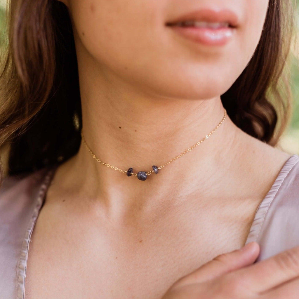 Iolite Beaded Chain Choker Necklace - Iolite Beaded Chain Choker Necklace - 14k Gold Fill - Luna Tide Handmade Crystal Jewellery