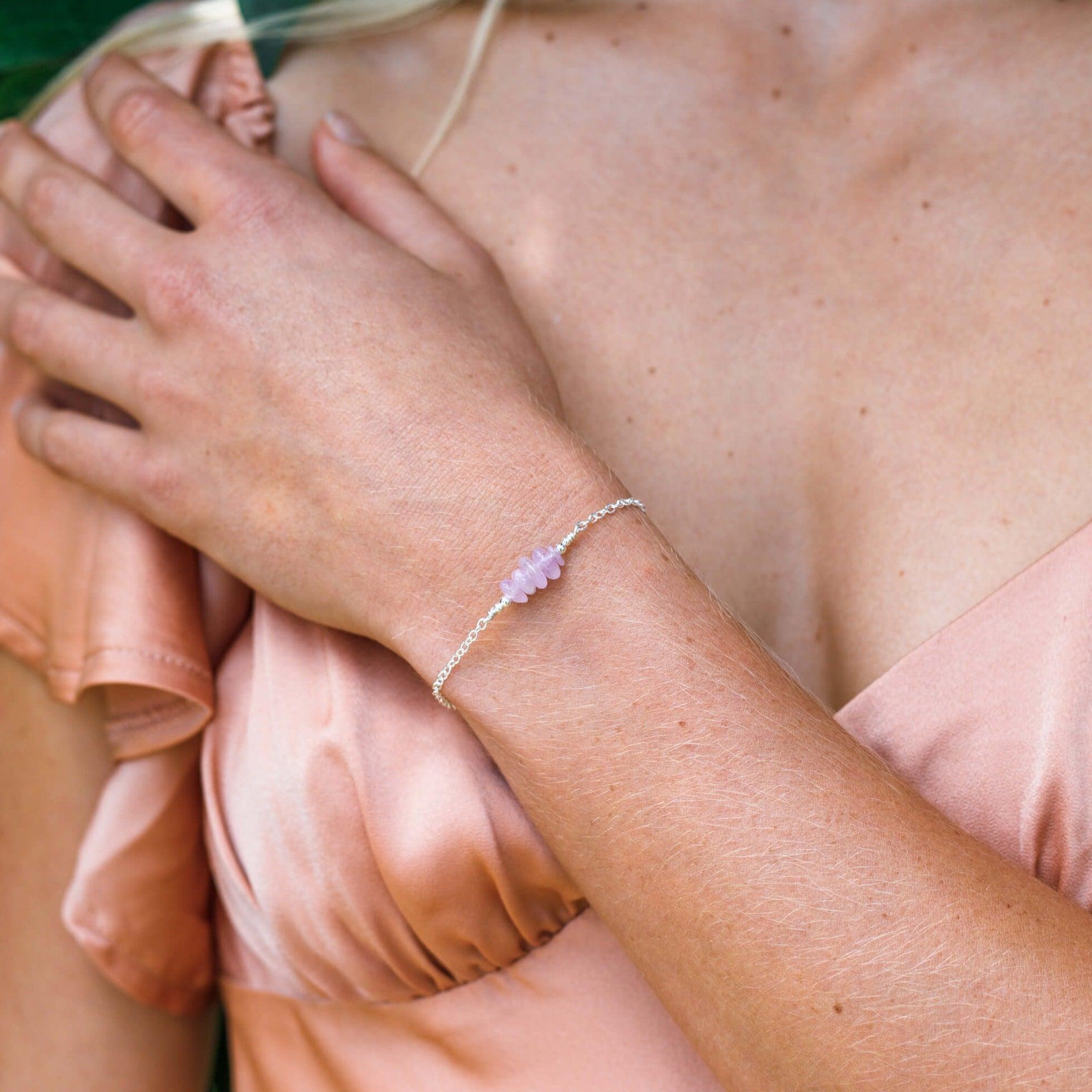 Kunzite Chip Bead Bar Bracelet - Kunzite Chip Bead Bar Bracelet - Sterling Silver - Luna Tide Handmade Crystal Jewellery