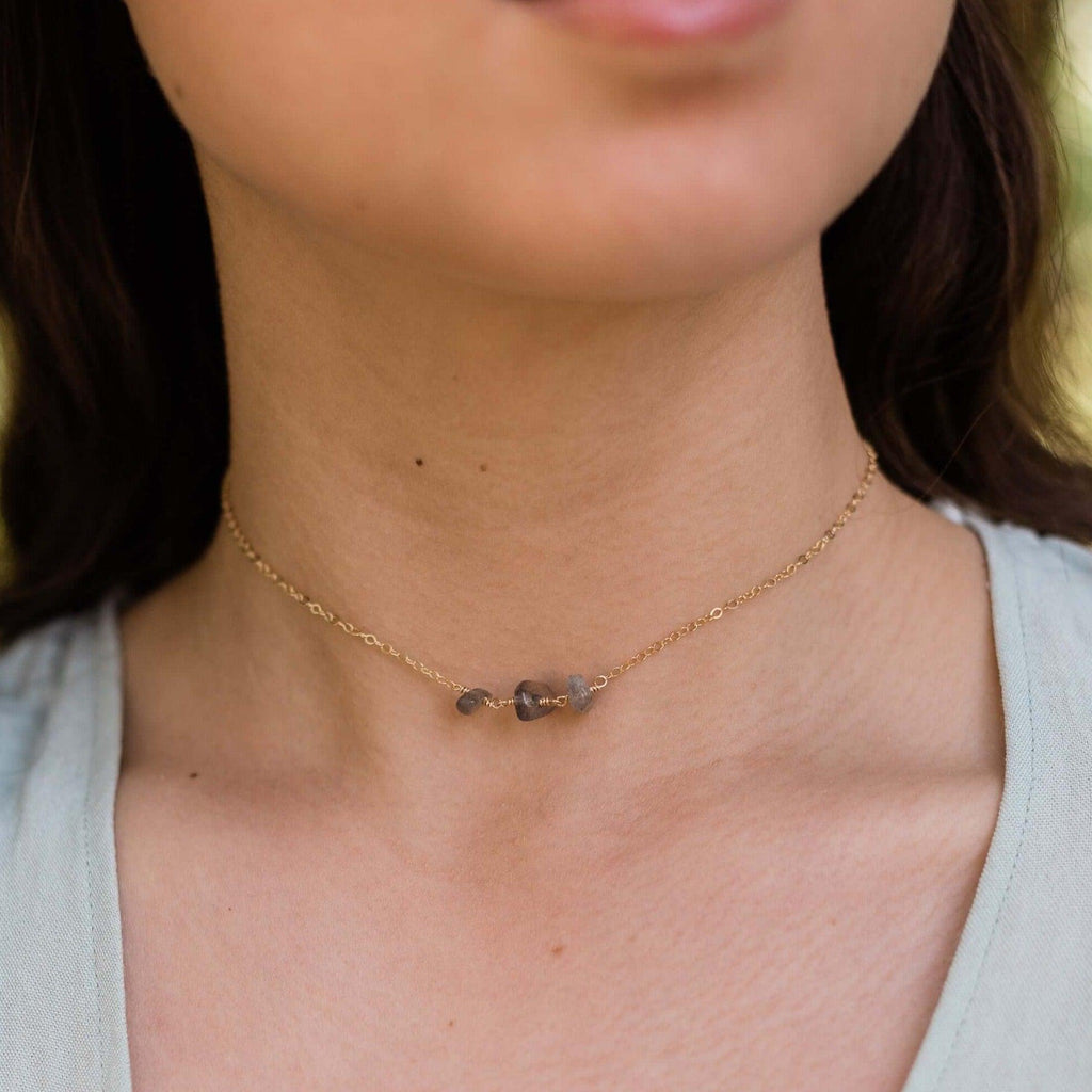 Labradorite Beaded Chain Choker Necklace - Labradorite Beaded Chain Choker Necklace - Sterling Silver - Luna Tide Handmade Crystal Jewellery