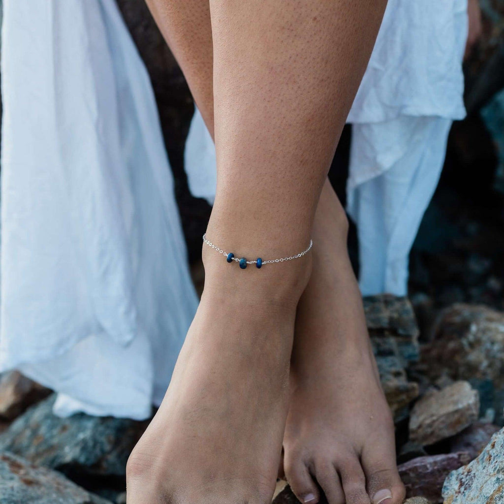 Lapis Lazuli Beaded Chain Anklet - Lapis Lazuli Beaded Chain Anklet - Sterling Silver - Luna Tide Handmade Crystal Jewellery