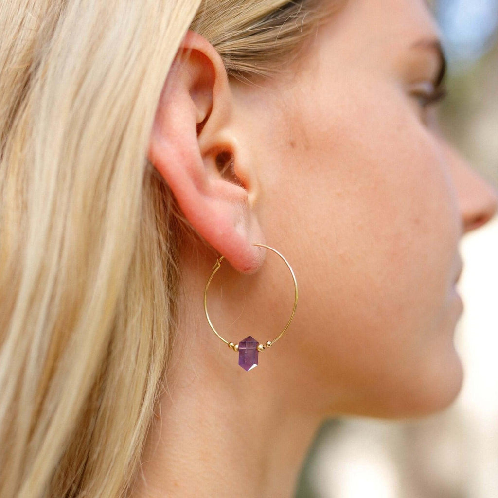 Large Hoop Amethyst Double Terminated Crystal Point Earrings - Large Hoop Amethyst Double Terminated Crystal Point Earrings - Sterling Silver - Luna Tide Handmade Crystal Jewellery