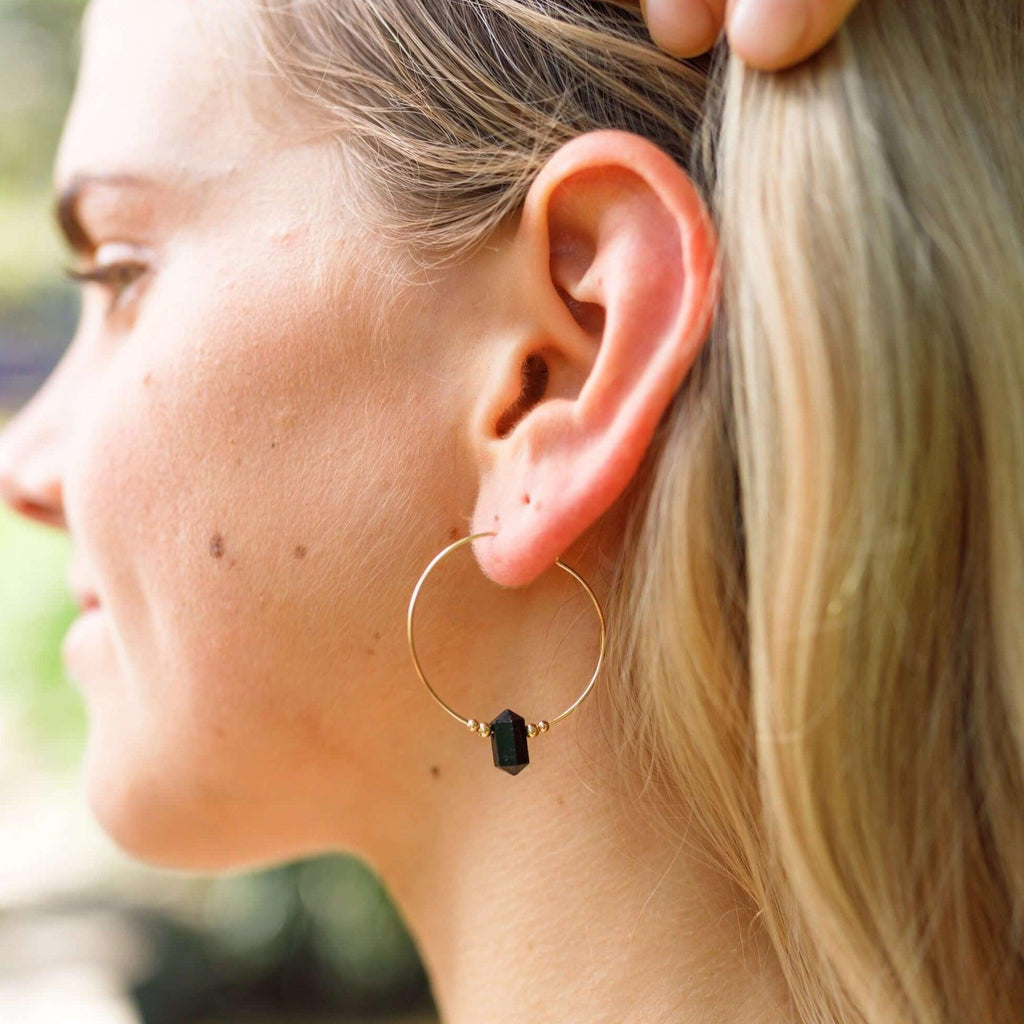 Large Hoop Black Tourmaline Double Terminated Crystal Point Earrings - Large Hoop Black Tourmaline Double Terminated Crystal Point Earrings - Sterling Silver - Luna Tide Handmade Crystal Jewellery
