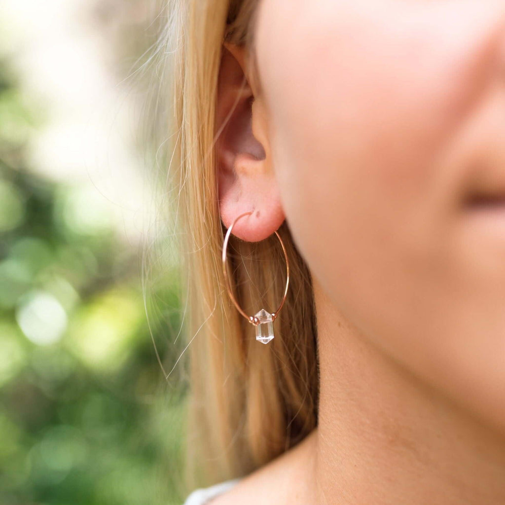 Large Hoop Crystal Quartz Double Terminated Crystal Point Earrings - Large Hoop Crystal Quartz Double Terminated Crystal Point Earrings - 14k Gold Fill - Luna Tide Handmade Crystal Jewellery