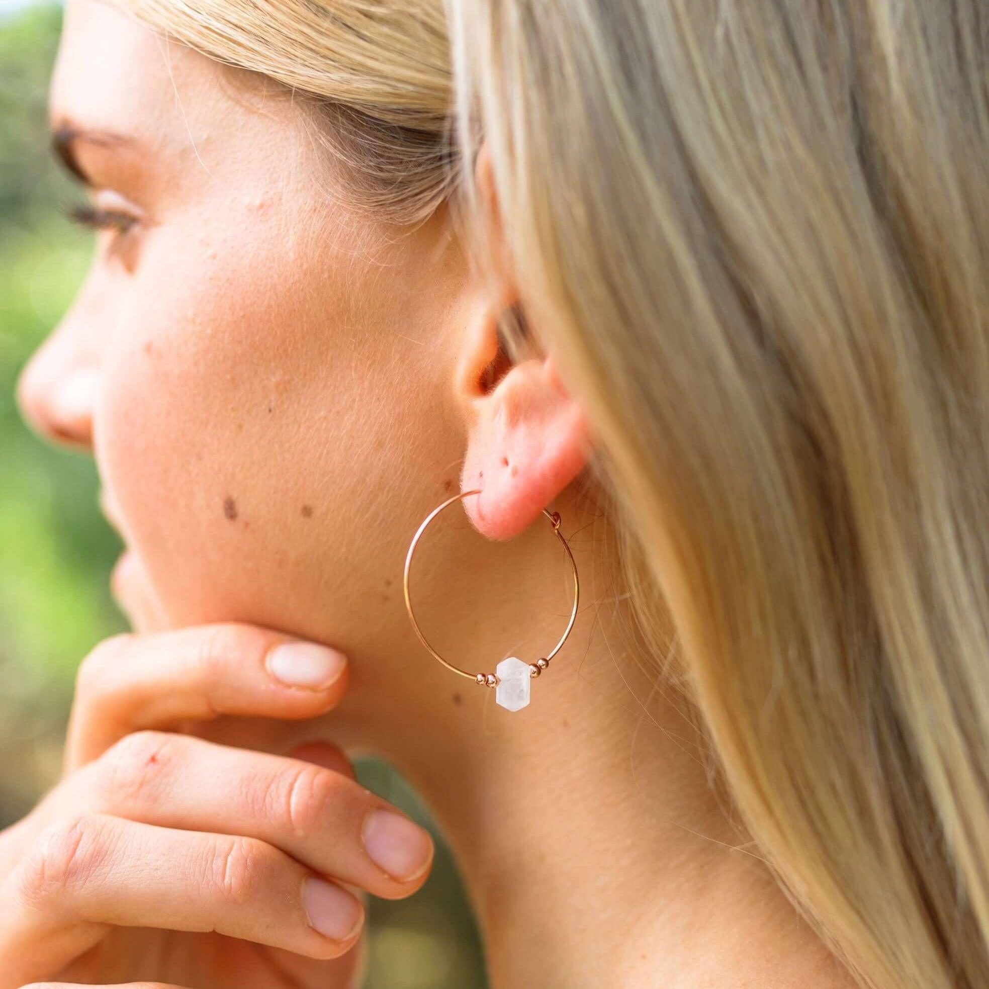 Large Hoop Rainbow Moonstone Double Terminated Crystal Point Earrings - Large Hoop Rainbow Moonstone Double Terminated Crystal Point Earrings - 14k Gold Fill - Luna Tide Handmade Crystal Jewellery