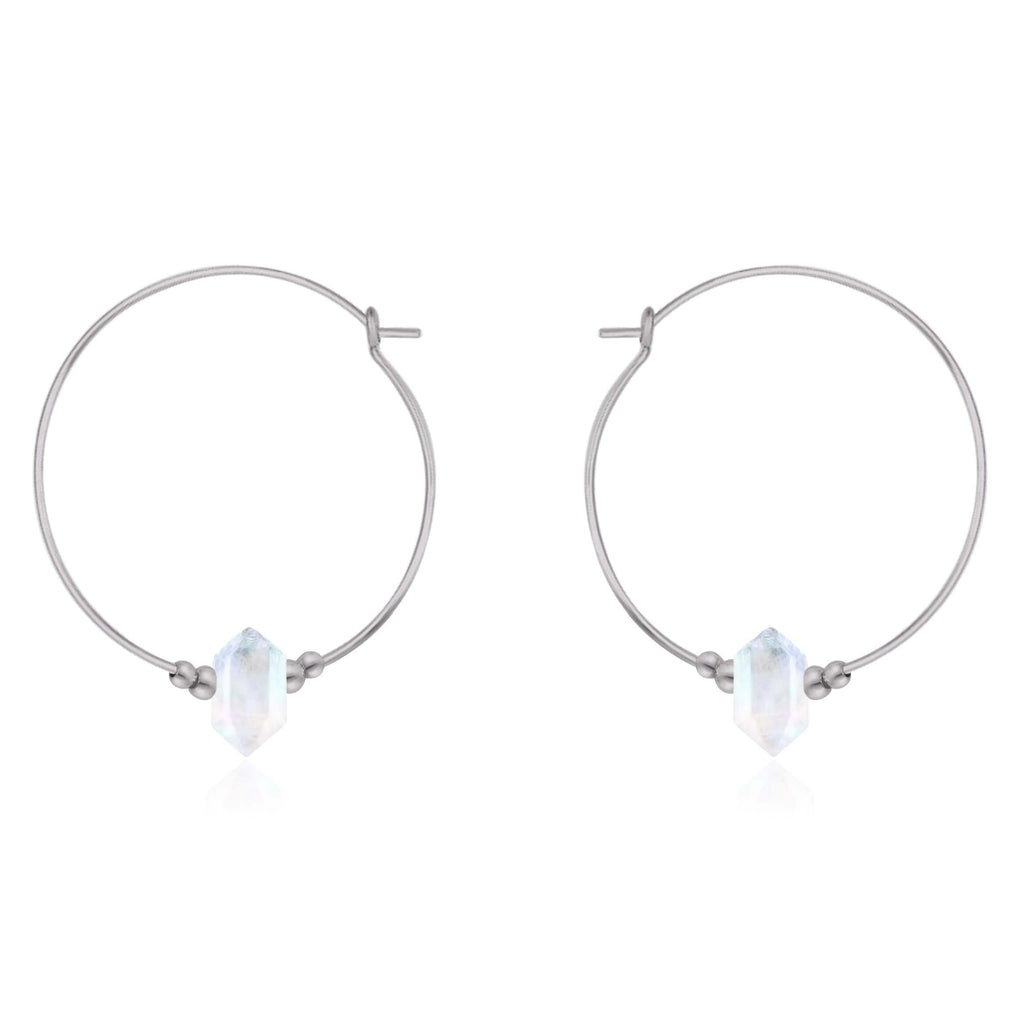 Large Hoop Rainbow Moonstone Double Terminated Crystal Point Earrings - Large Hoop Rainbow Moonstone Double Terminated Crystal Point Earrings - Stainless Steel - Luna Tide Handmade Crystal Jewellery