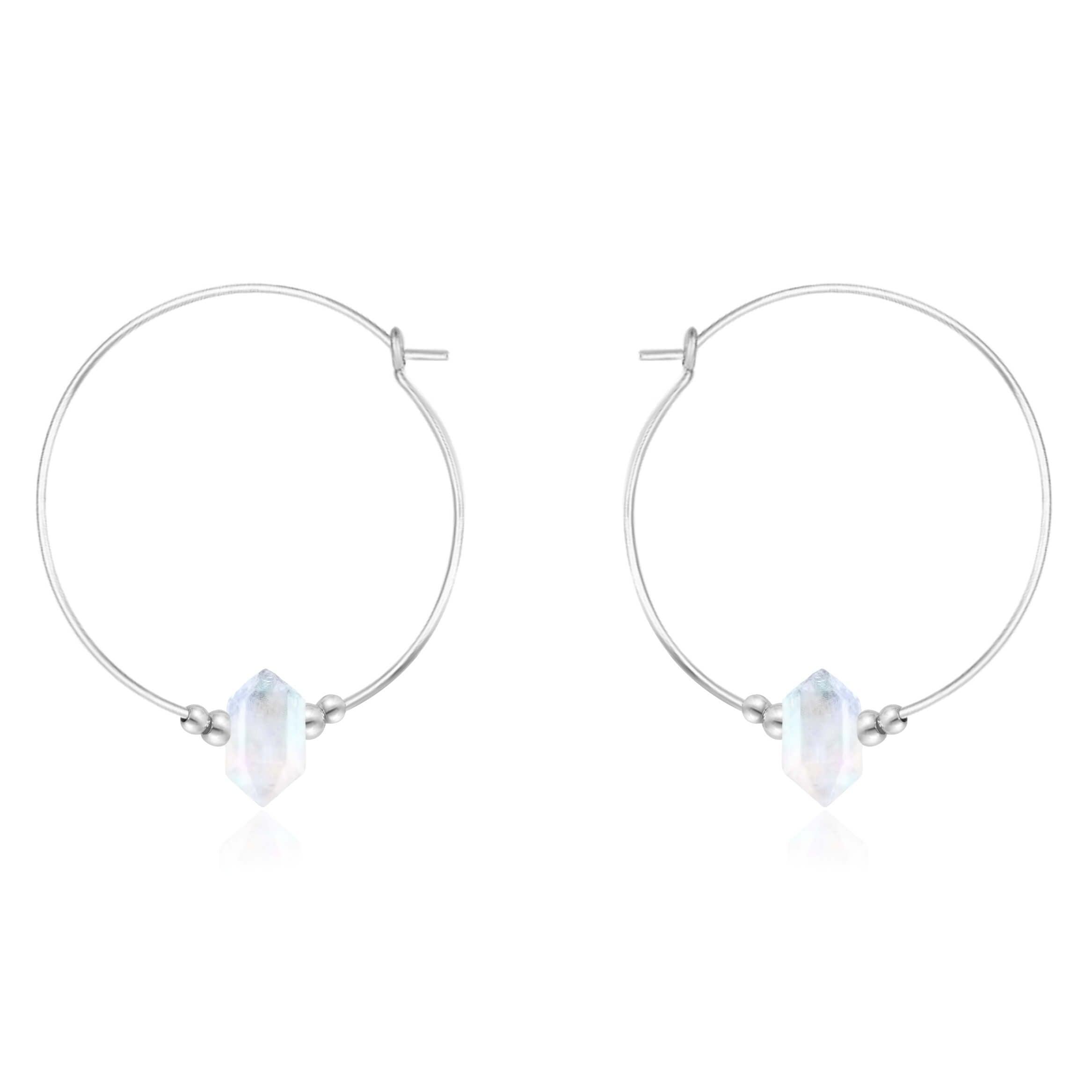 Large Hoop Rainbow Moonstone Double Terminated Crystal Point Earrings - Large Hoop Rainbow Moonstone Double Terminated Crystal Point Earrings - Sterling Silver - Luna Tide Handmade Crystal Jewellery