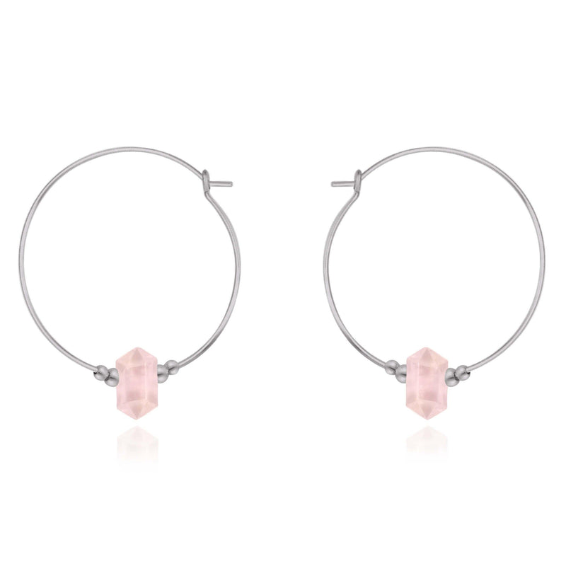 Large Double Terminated Crystal Hoop Earrings - Rose Quartz - Stainless Steel - Luna Tide Handmade Jewellery