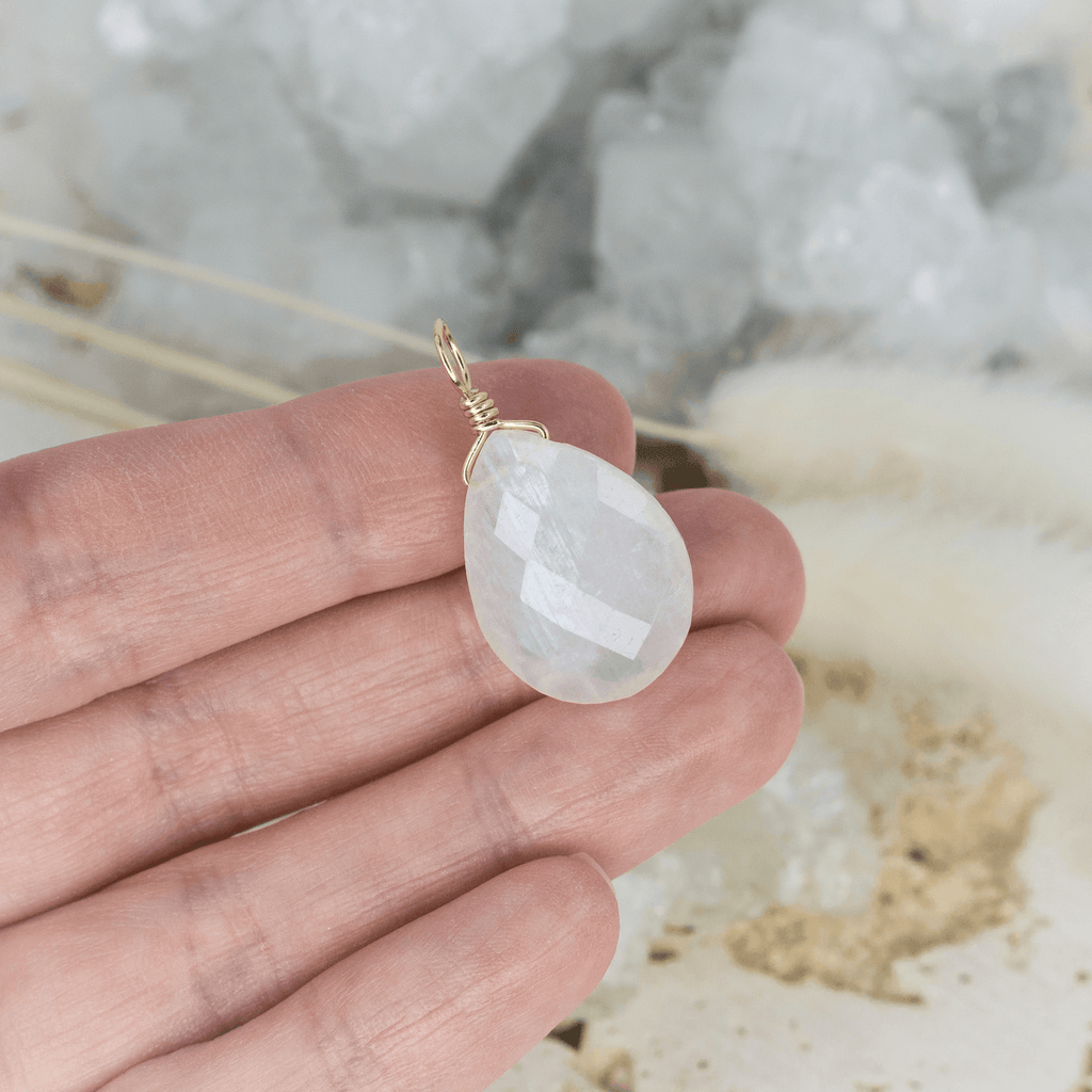 Large Rainbow Moonstone Faceted Pear Crystal Pendant - Large Rainbow Moonstone Faceted Pear Crystal Pendant - 14k Gold Fill - Luna Tide Handmade Crystal Jewellery