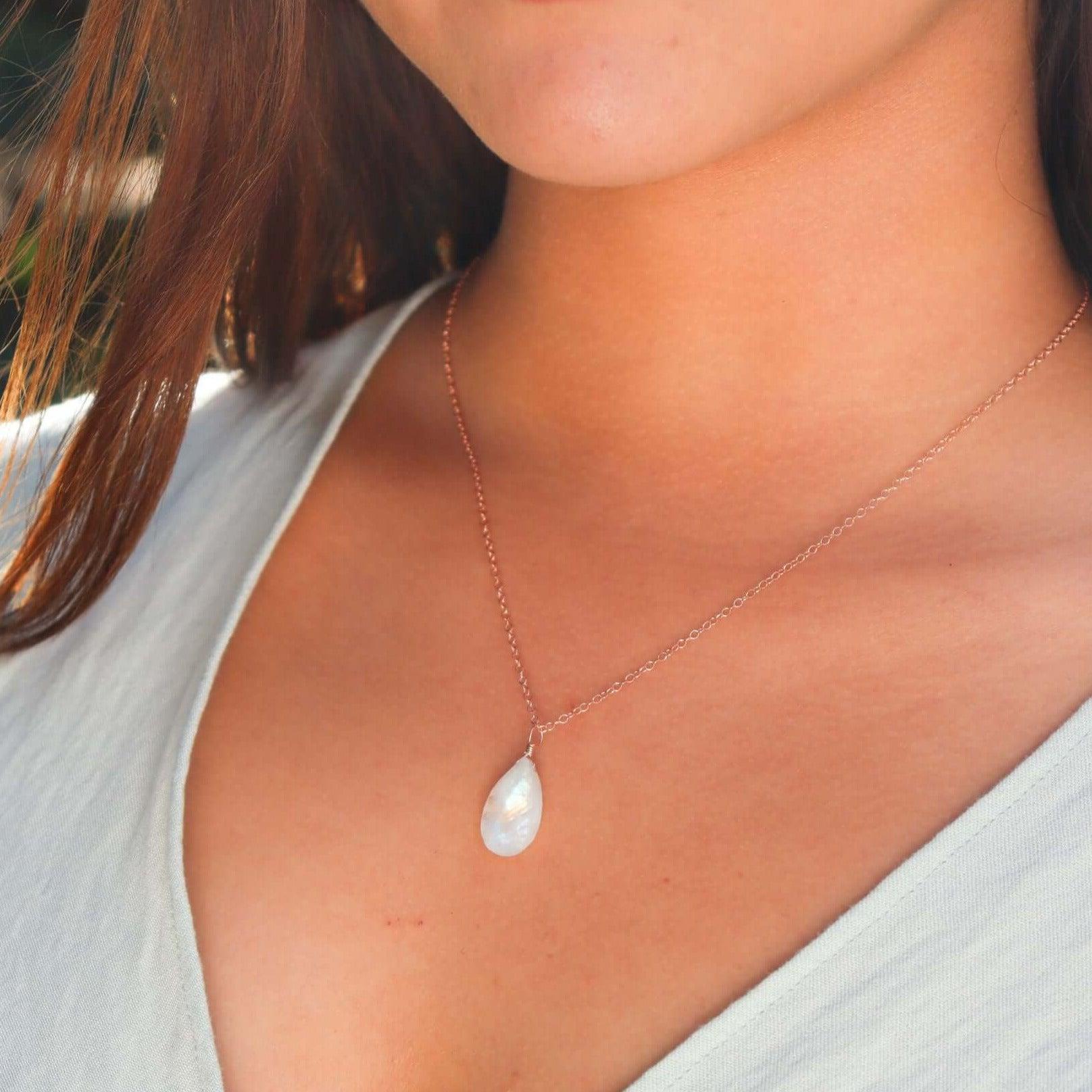 Large Rainbow Moonstone Teardrop Necklace - Large Rainbow Moonstone Teardrop Necklace - 14k Gold Fill / Cable - Luna Tide Handmade Crystal Jewellery