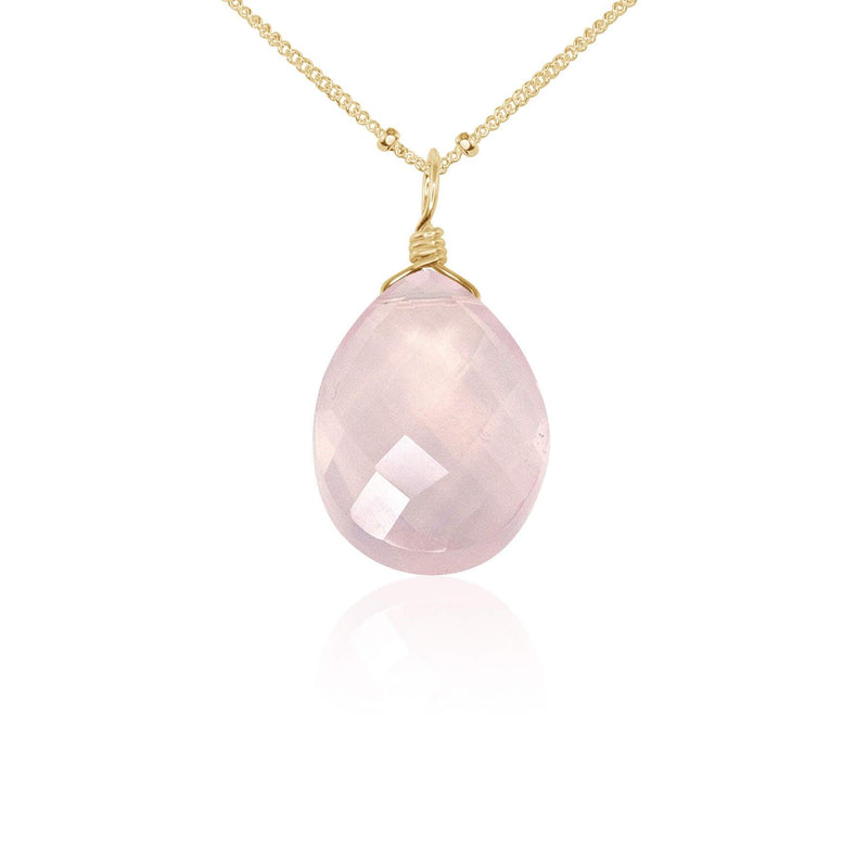 Large Rose Quartz Faceted Teardrop Crystal Pendant Necklace - Large Rose Quartz Faceted Teardrop Crystal Pendant Necklace - 14k Gold Fill / Satellite - Luna Tide Handmade Crystal Jewellery