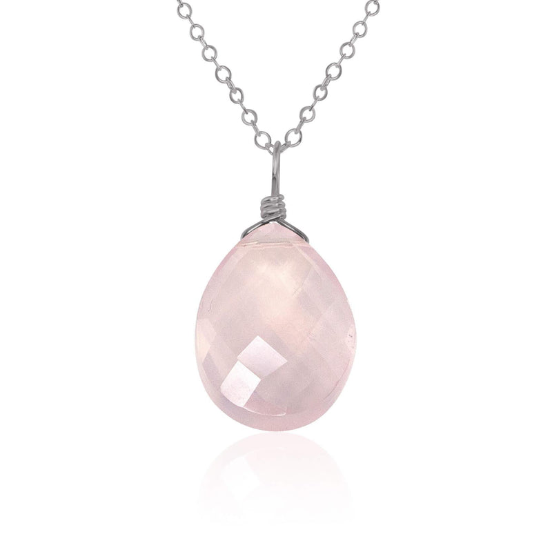 Large Rose Quartz Faceted Teardrop Crystal Pendant Necklace - Large Rose Quartz Faceted Teardrop Crystal Pendant Necklace - Stainless Steel / Cable - Luna Tide Handmade Crystal Jewellery