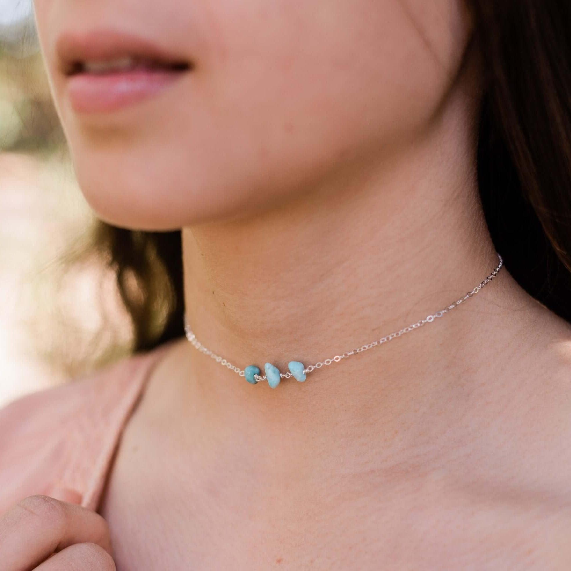 Larimar Beaded Chain Choker Necklace - Larimar Beaded Chain Choker Necklace - Sterling Silver - Luna Tide Handmade Crystal Jewellery
