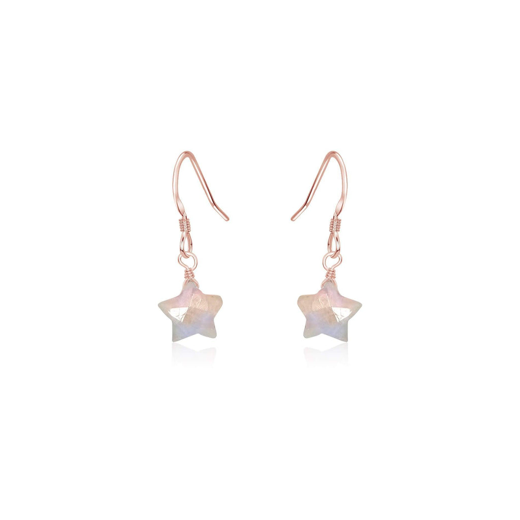 Little Rainbow Moonstone Star Dangle Drop Earrings - Little Rainbow Moonstone Star Dangle Drop Earrings - 14k Rose Gold Fill - Luna Tide Handmade Crystal Jewellery