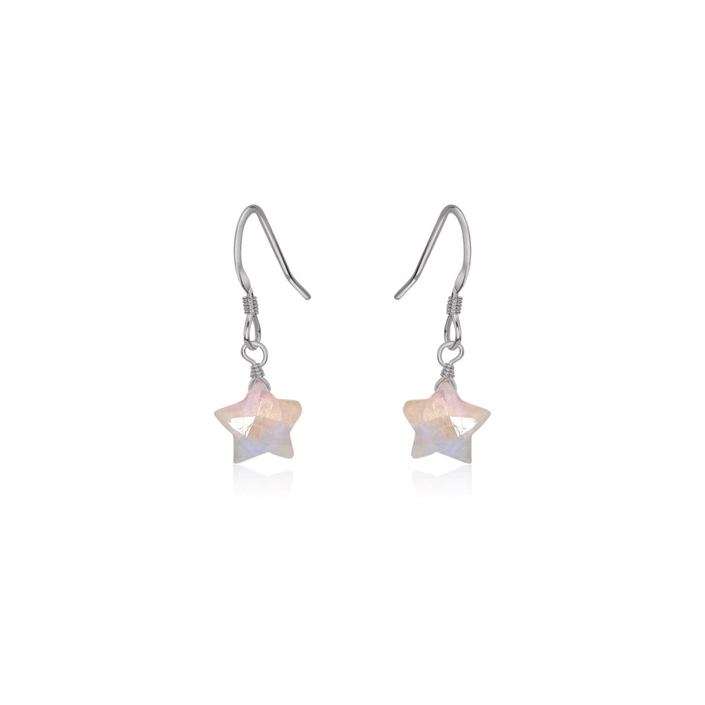 Little Rainbow Moonstone Star Dangle Drop Earrings - Little Rainbow Moonstone Star Dangle Drop Earrings - Stainless Steel - Luna Tide Handmade Crystal Jewellery