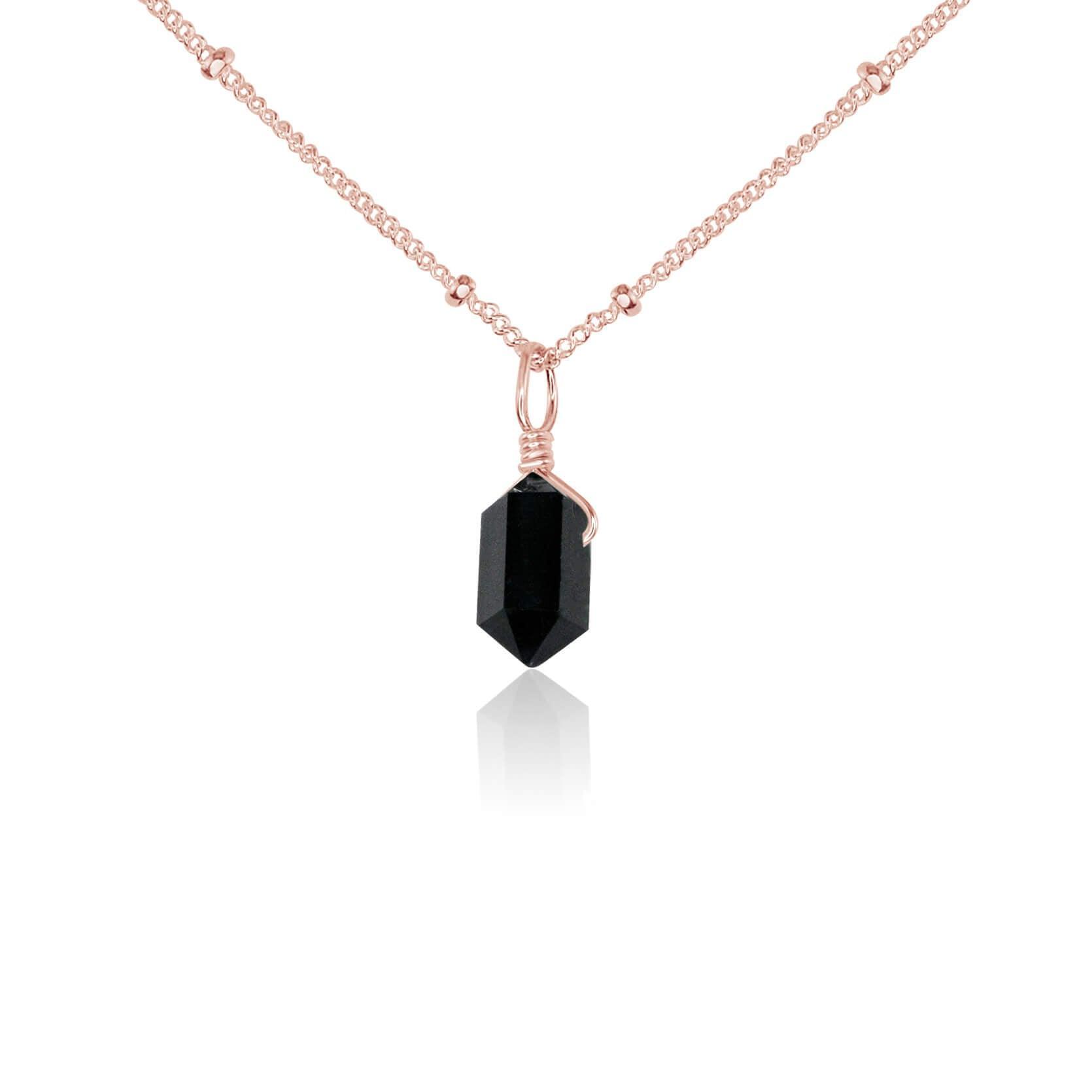 Mini Double Terminated Black Tourmaline Crystal Point Pendant Necklace - Mini Double Terminated Black Tourmaline Crystal Point Pendant Necklace - 14k Rose Gold Fill / Satellite - Luna Tide Handmade Crystal Jewellery